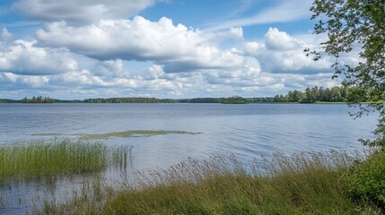 Tranquil lake scene under a partly cloudy sky. Lush shoreline with reeds