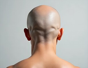 Close up rear view of a bald man s head and neck against a light background