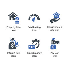 Property loan, Credit rating, House interest rate, Interest rate, Time is money, pay loan, icon