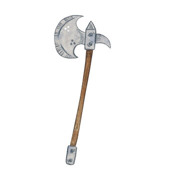 Medieval weapon, axe on a long handle, francisca. Watercolor illustration hand drawn, cartoon. Drawing for scrapbooking, stickers. Knight, history, weapon, axe, francisca