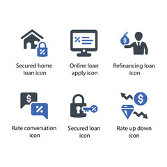 Secured home loan, loan apply, Refinancing loan, Rate conversation, Secured loan, Rate up down, icon