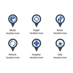 World, Target, Route, Refresh, Hospital, Cafe, location icon