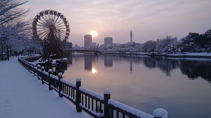 Obraz premium Winter scene with Ferris wheel, river, and cityscape. Sunrise reflects on calm water