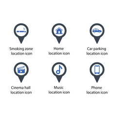 Smoking zone, Home, Car parking, Cinema Hall, Music, Phone, location icon