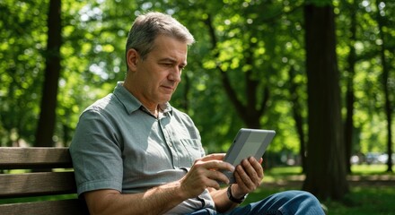 Obraz premium Man using tablet in park