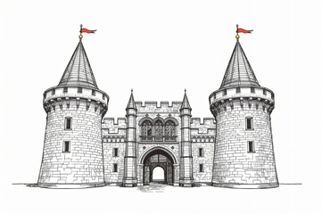 Obraz premium Medieval castle gate, sketch, entrance, towers, flags, illustration, white background, design