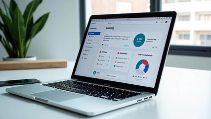 Modern laptop displays AI hiring dashboard with charts and interview schedule, showcasing business analytics. - Powered by Adobe