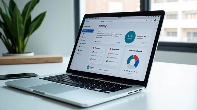 Modern laptop displays AI hiring dashboard with charts and interview schedule, showcasing business analytics.