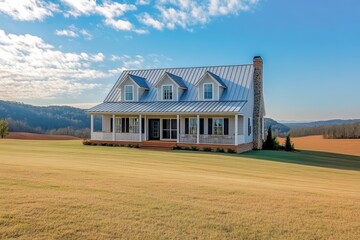 Fototapeta premium Charming Farmhouse with Metal Roof and Covered Porch Surrounded by Lush Golden Grass Fields