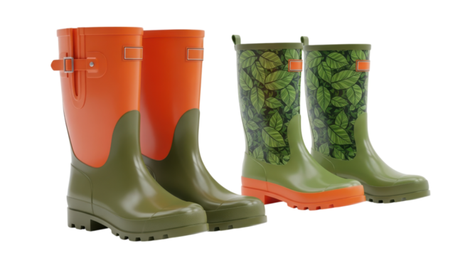 Stylish waterproof wellington boots in green and orange with leaf pattern stand out on a transparent background, great for outdoor wear.