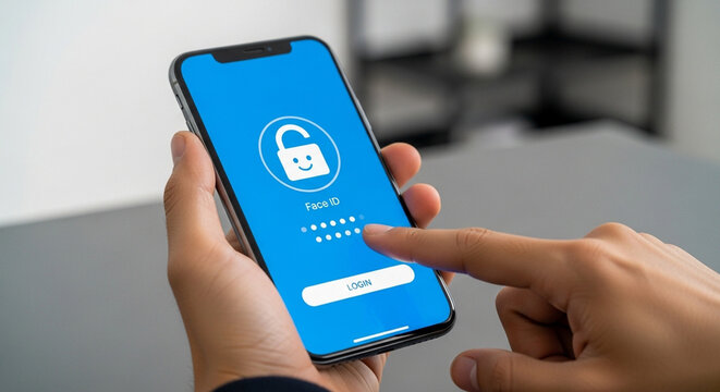 User unlocking smartphone with face id and entering password