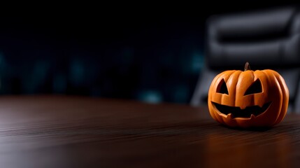 a carved pumpkin on an office desk halloween work concept. A spooky autumn decoration adorns a workspace table a festive fall office scene.