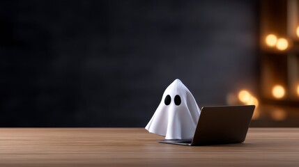 A ghost costume sitting at a desk with a laptop in a cozy home office environment blending spooky fun with everyday work life. Spectral attire adorns a home workstation a digital device