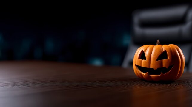 a carved pumpkin on an office desk halloween work concept. A spooky autumn decoration adorns a workspace table a festive fall office scene.