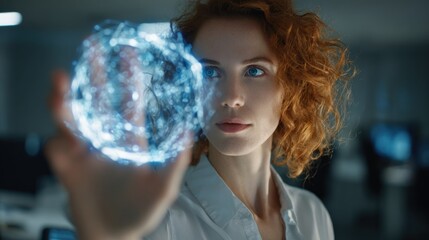 Naklejka premium Elegant woman in high-tech office accessing cyber network protection via hologram