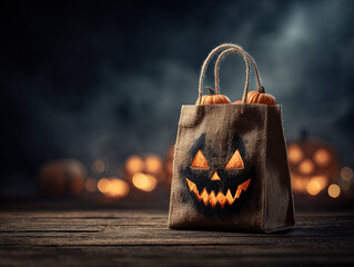 Burlap trick or treat bag with jack o lantern face and pumpkins