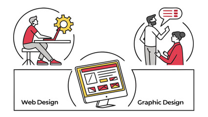 Illustration showing web design with a person at a laptop and graphic design with two people talking about it