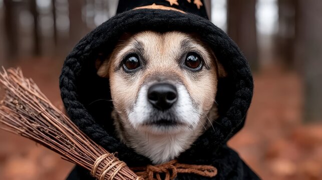 Beautiful dog with broomstick dressed up for halloween as friendly forest witch. Portrait of cute staffordshire terrier puppy in masquerade costume with witch s broom in autumn forest.