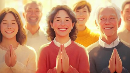 Smiling family bowing in respect to each other, depicting cultural and religious greetings.
