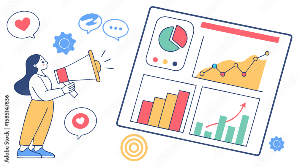 Aufkleber woman with megaphone presents business data charts and graphs on a large screen display board view