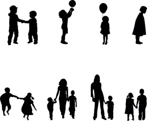 Silhouettes of children in various poses, including sitting, leaning, walking, running.