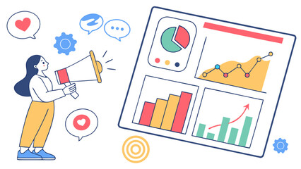 Woman with megaphone presents business data charts and graphs on a large screen display board view
