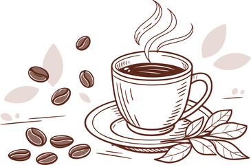 A hot coffee cup with steam and beans, a perfect morning beverage