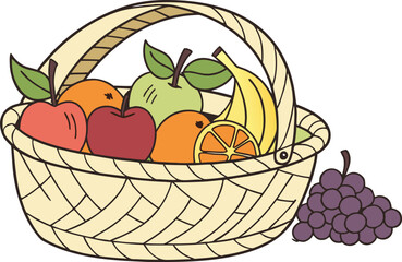 Fresh, juicy fruits like apples, oranges, and grapes overflow from a healthy food basket, a vibrant illustration of nature's sweet and ripe bounty