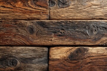 Naklejka premium Close up view of rustic brown wooden planks with knots shows beautiful grain and texture, perfect for backgrounds and design elements