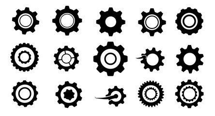 Fifteen Black and White Gear and Cogwheel Icons: Diverse Industrial Engineering Symbols