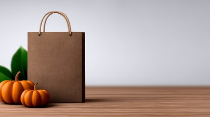 Empty jute beige gift bag and many pupkins fall mockup. Autumn harvest scene featuring a light brown fabric container and numerous small gourds ideal for seasonal product photography