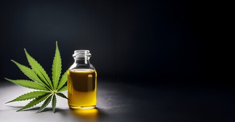 CBD Öl mit Cannabis Blatt als Banner oder Vorlage auf schwarzem Hintergrund, viel Freifläche, copy space
