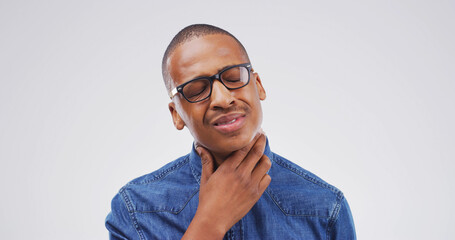 Illness, sore throat and black man in studio with flu, cold or allergies by mockup space for...