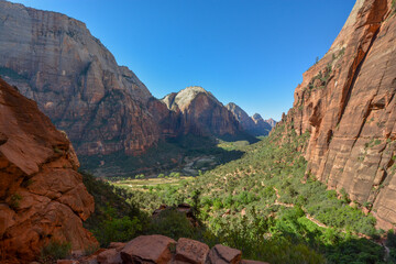 View through Scenery in Zion National Park, Utah, USA from the trail to Angel's landing