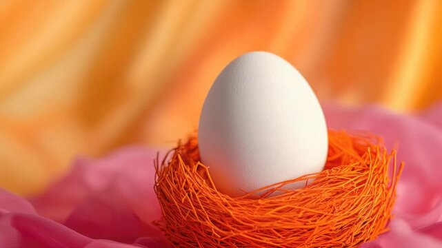 A single white egg sits nestled in a soft pink fabric, perfect for Easter or spring-themed designs