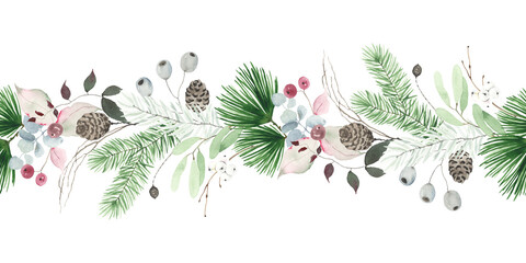 Christmas seamless watercolor border, isolated illustration with floral holiday ornament for your design greeting or invitation cards. Hand drawn print.