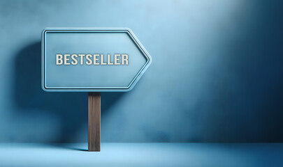 Ein Schild mit einem blauen Pfeil und der Aufschrift "Bestseller" auf blauem Hintergrund, viel copy space für eigenen Text, Vorlage