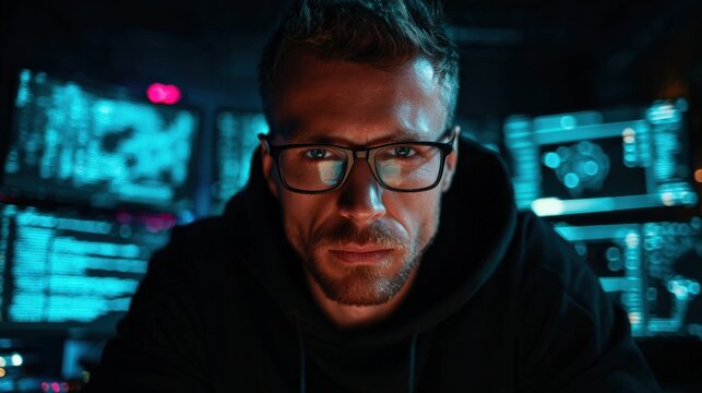 High-tech hacker den, coder at center of glowing screens, focused expression