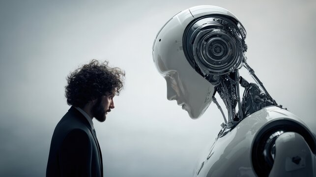 High-tech scene of man confronting digital humanoid avatar - Powered by Adobe