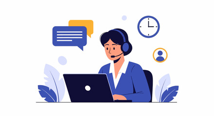 Adobe illustrator artwork of a focused customer support representative with a headset and laptop, surrounded by icons for call, chat, time, and profile, illustrating efficient multi-channel assistance