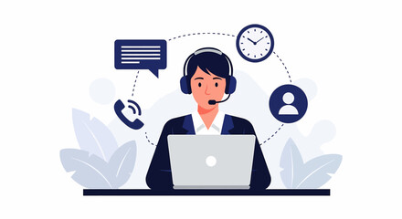 Adobe illustrator artwork of a focused customer support representative with a headset and laptop, surrounded by icons for call, chat, time, and profile, illustrating efficient multi-channel assistance