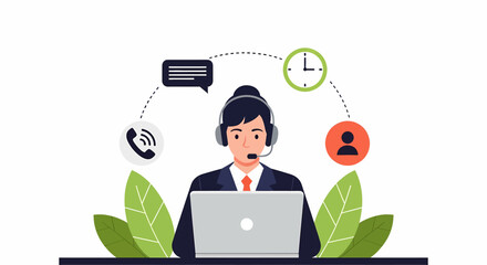 Adobe illustrator artwork of a focused customer support representative with a headset and laptop, surrounded by icons for call, chat, time, and profile, illustrating efficient multi-channel assistance