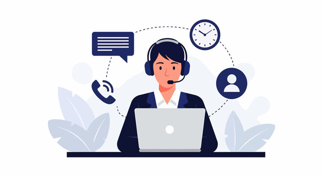 Adobe illustrator artwork of a focused customer support representative with a headset and laptop, surrounded by icons for call, chat, time, and profile, illustrating efficient multi-channel assistance