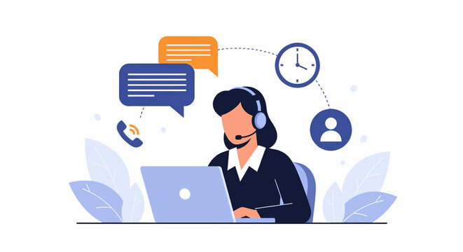 Adobe illustrator artwork of a focused customer support representative with a headset and laptop, surrounded by icons for call, chat, time, and profile, illustrating efficient multi-channel assistance