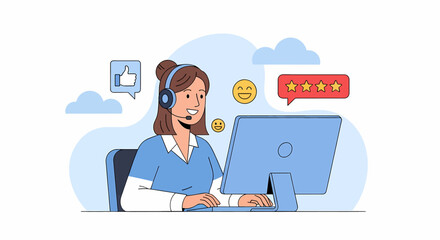 Adobe illustrator artwork of a positive customer support agent with a headset, working on a computer, and surrounded by positive feedback icons including thumbs-up, happy emojis, and five-star ratings