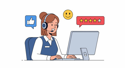 Adobe illustrator artwork of a positive customer support agent with a headset, working on a computer, and surrounded by positive feedback icons including thumbs-up, happy emojis, and five-star ratings