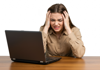 A young woman with brown hair clutches her head in frustration while looking at a laptop on a wooden desk isolated on transparent background