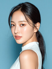Korean Beauty Model on Light Blue Background, Asian Female Skincare Model Portrait, AI Cosmetic Model in Pastel Setting, K-beauty Stock Photo, SNS Beauty Model Shot