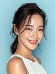 Korean Beauty Model on Light Blue Background, Asian Female Skincare Model Portrait, AI Cosmetic Model in Pastel Setting, K-beauty Stock Photo, SNS Beauty Model Shot