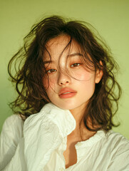 Korean Beauty Model on Light Green Background for Cosmetic Ad and Social Media